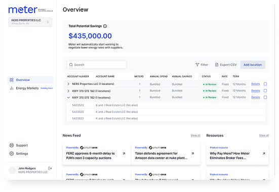 Energy management dashboard showing overview with total potential savings