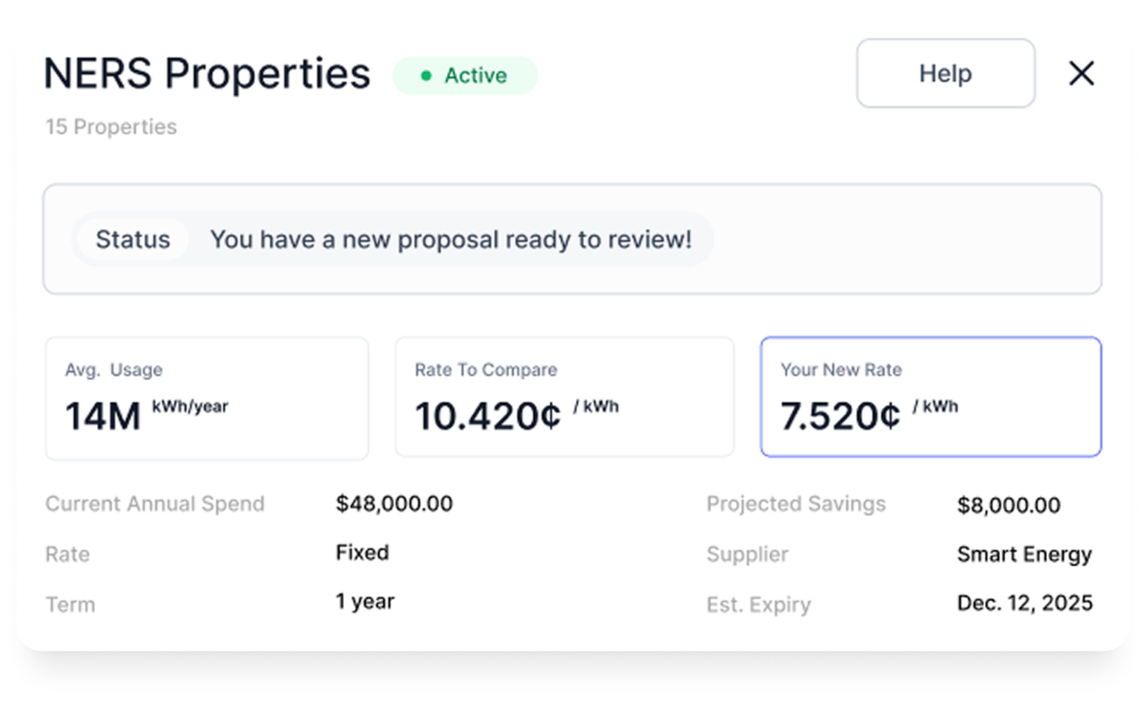 Energy proposal interface showing current vs projected savings